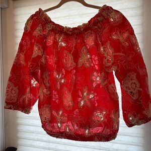 Ramy Brook Red Off-Shoulder Embroidered Blouse with Gold Accents